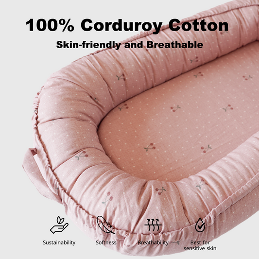 Premium Portable Adjustable Classic Baby Lounger - Cotton_Muslin-Cherry