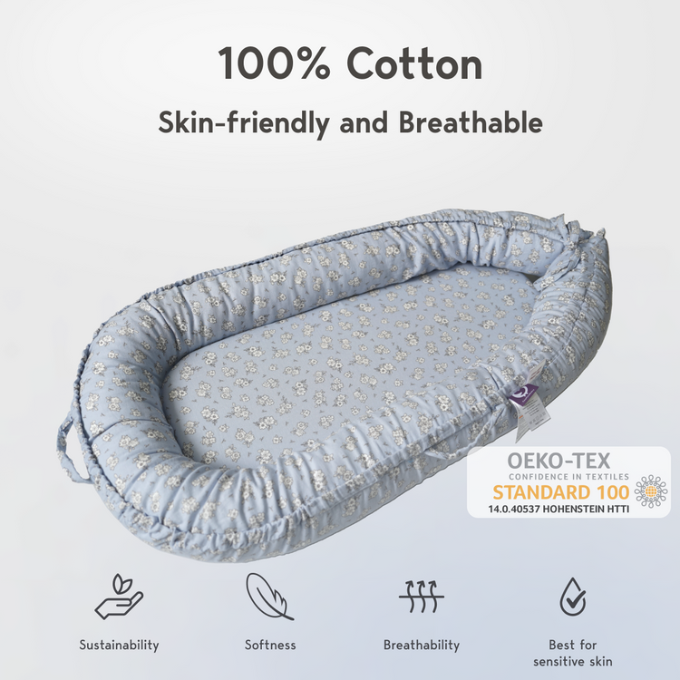 Premium Portable Adjustable Infant Lounger - Cotton_Muslin-BlueFloral