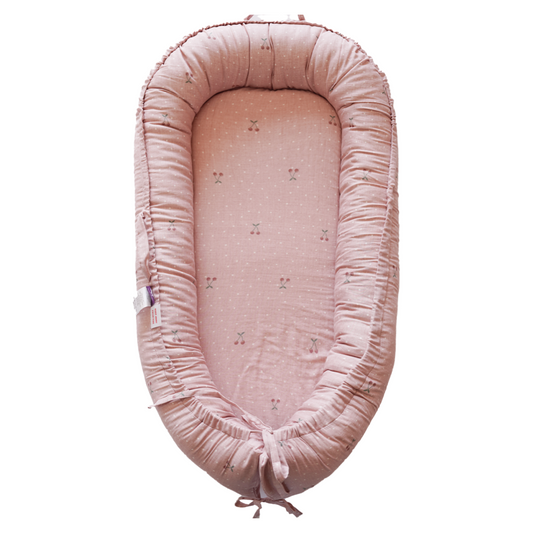 Premium Portable Adjustable Classic Baby Lounger - Cotton_Muslin-Cherry