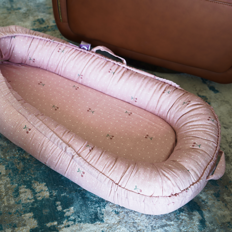 Premium Portable Adjustable Classic Baby Lounger - Cotton_Muslin-Cherry