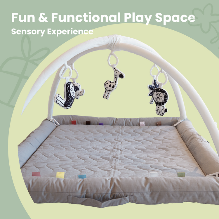Play Gym with 5 Sensory Toys, Thick & Plush Playmat for Floor, Tummy Time Mat (Gray,Black&White Toys)