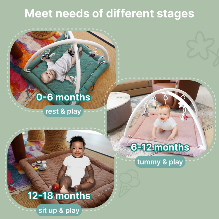 Play Gym with 5 Sensory Toys, Thick & Plush Playmat for Floor, Tummy Time Mat (SageGreen,Color Toys)