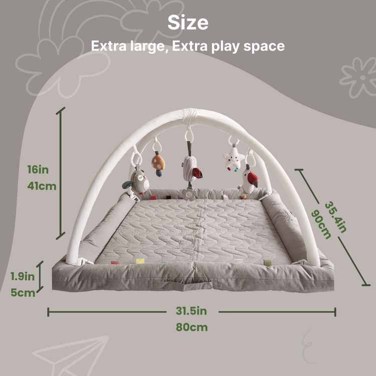 Play Gym with 5 Sensory Toys, Thick & Plush Playmat for Floor, Tummy Time Mat (Gray,Color Toys)