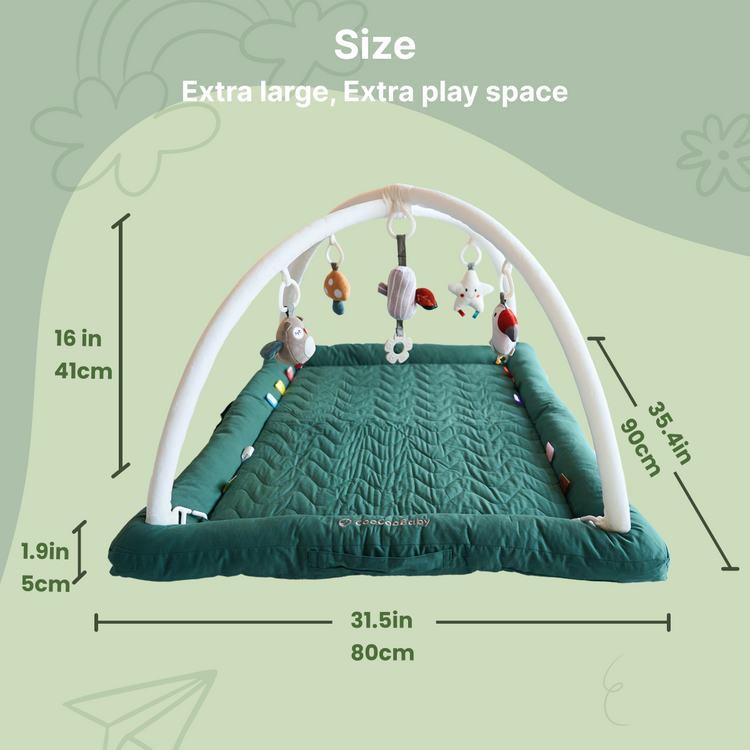 Play Gym with 5 Sensory Toys, Thick & Plush Playmat for Floor, Tummy Time Mat (SageGreen,Color Toys)